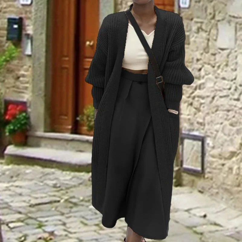 Solid Rib Knitting V-neck Casual Long Sleeve Pocket Warm Autumn Winter Coats - Fashionpara