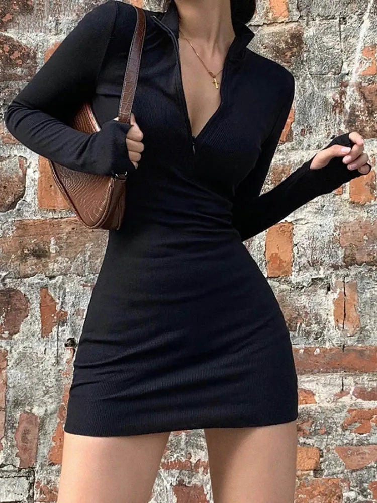 Ribbed Knit Zip Mock Neck Long Sleeve Bodycon Mini Dress 2