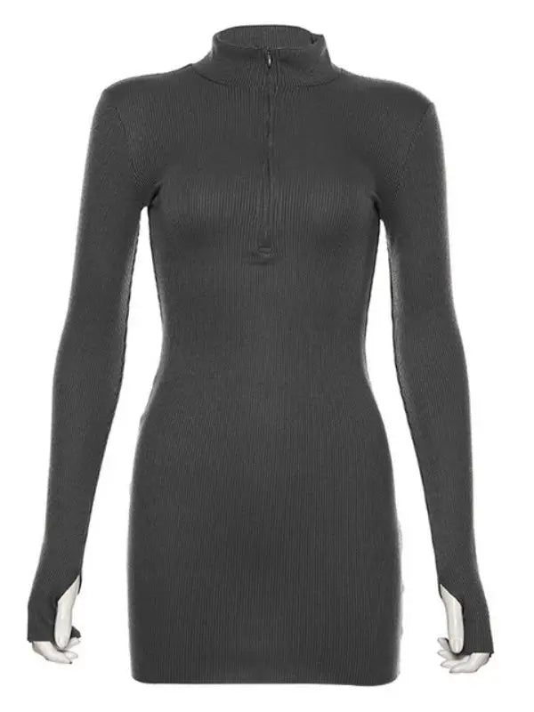 Ribbed Knit Zip Mock Neck Long Sleeve Bodycon Mini Dress 8