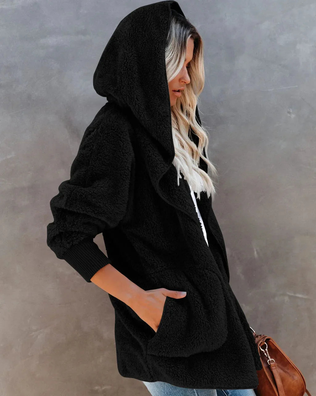 Warm Faux Plush Puffy Plush Hooded Casual Soft Fleece Autumn Winter Coats - Fashionpara