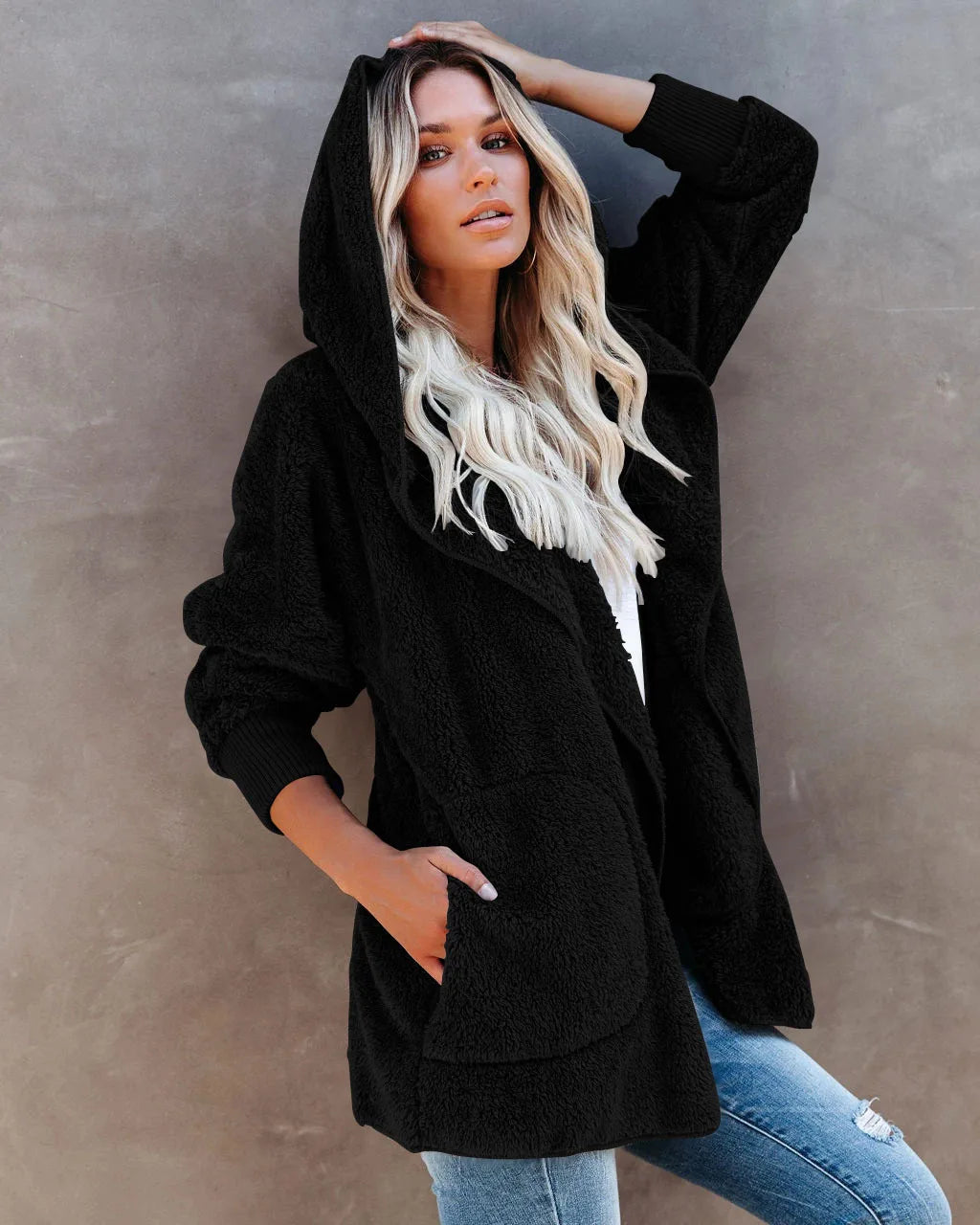 Warm Faux Plush Puffy Plush Hooded Casual Soft Fleece Autumn Winter Coats - Fashionpara