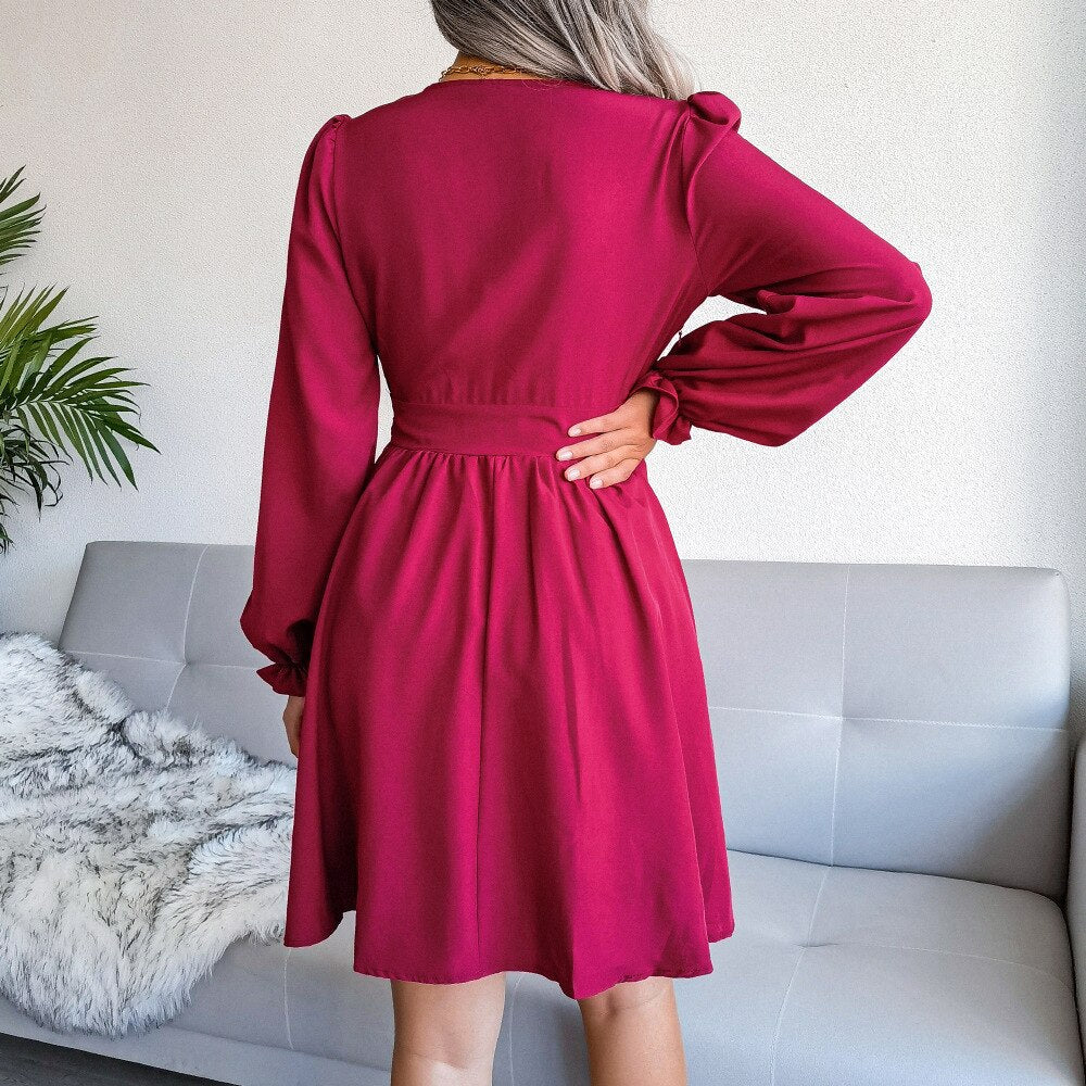 Deep V-Neck Puff Sleeve Ruched Waist A-Line Mini Dress - View 3