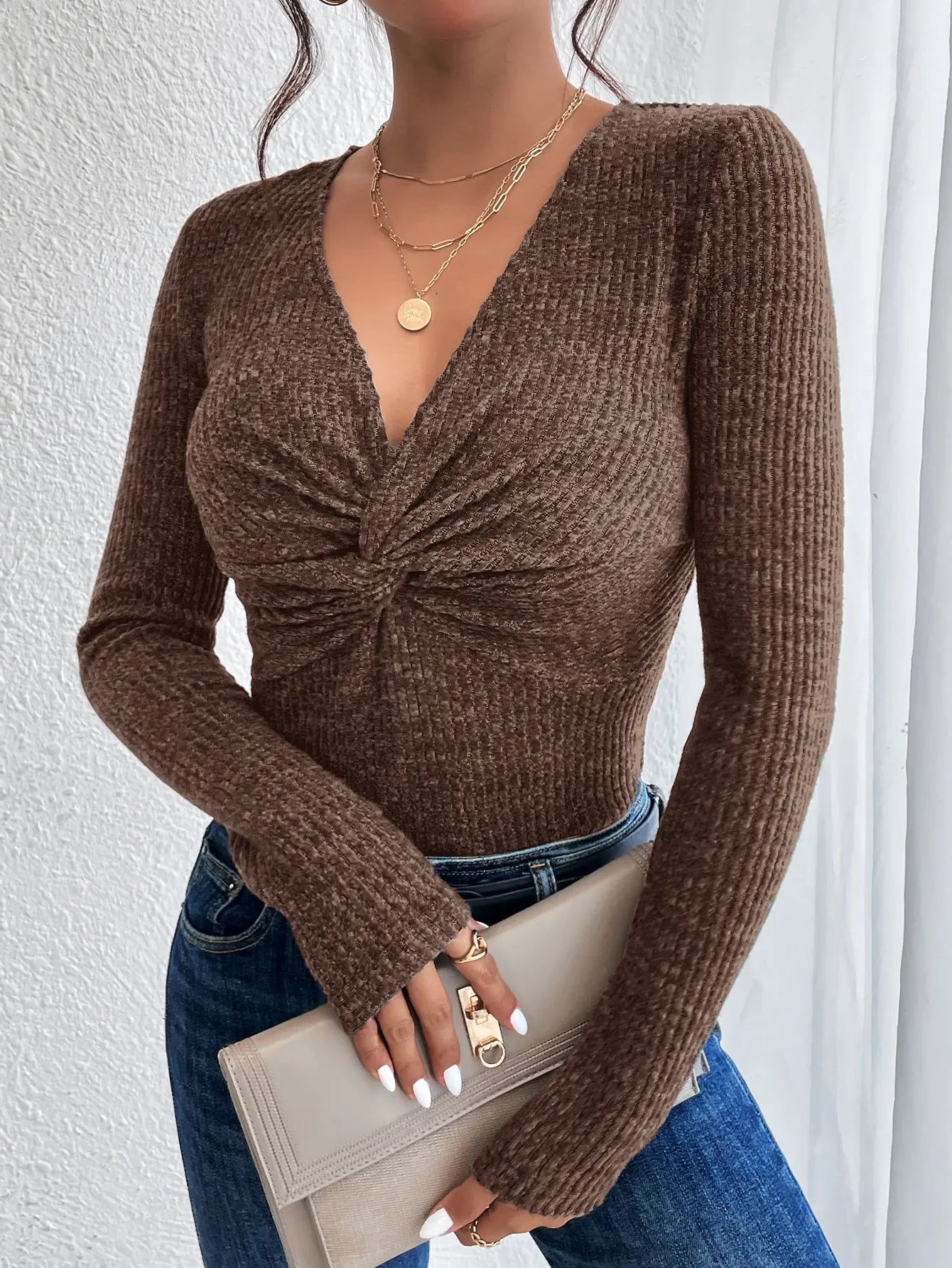 PrincessAce Deep V-Neck Slim Sweater Top for Women