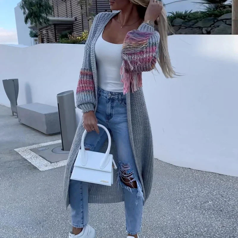 Patchwork Tassel Fashion V-neck Rib Knitted Printed Lantern Long Autumn Winter Coats - Fashionpara