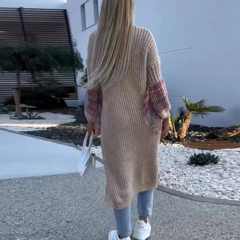 Patchwork Tassel Fashion V-neck Rib Knitted Printed Lantern Long Autumn Winter Coats - Fashionpara