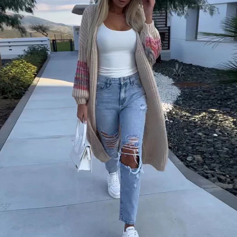 Patchwork Tassel Fashion V-neck Rib Knitted Printed Lantern Long Autumn Winter Coats - Fashionpara