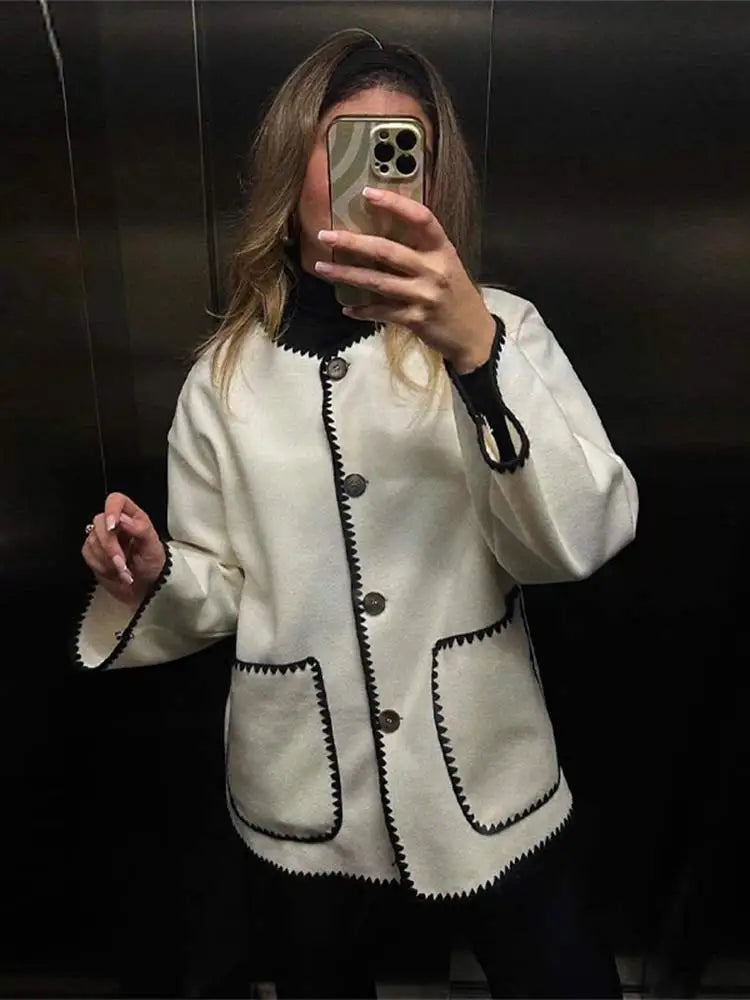 Contrast O Neck Loose Long Sleeves Winter Coat 7