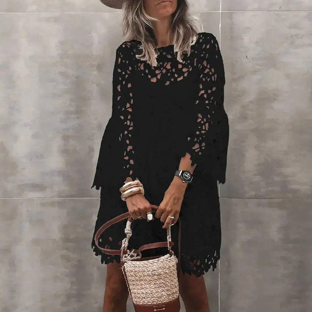 Autumn Solid Color Lace Hollow Floral Casual Floral Dress