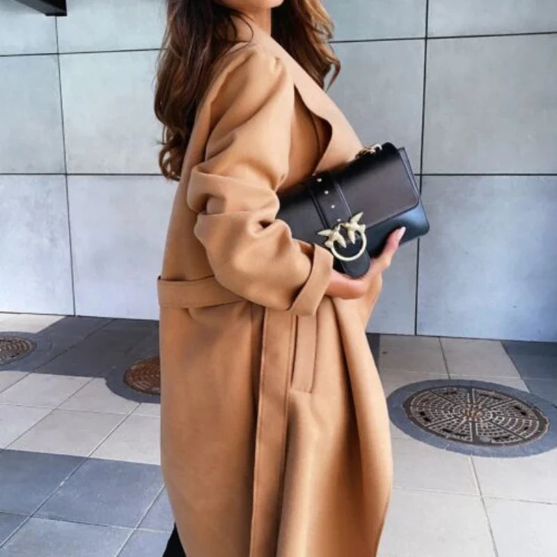 Solid Color Lapel Long-sleeved Tie Woolen Autumn Winter European American Coats - Fashionpara