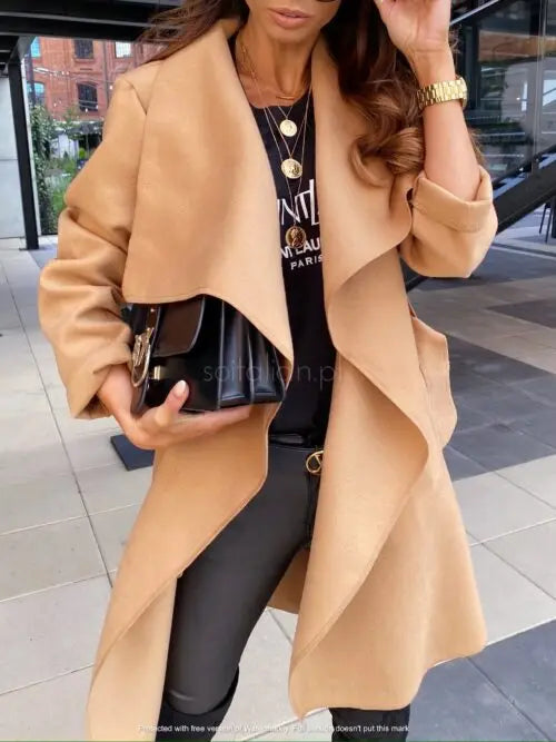 Solid Color Lapel Long-sleeved Tie Woolen Autumn Winter European American Coats - Fashionpara