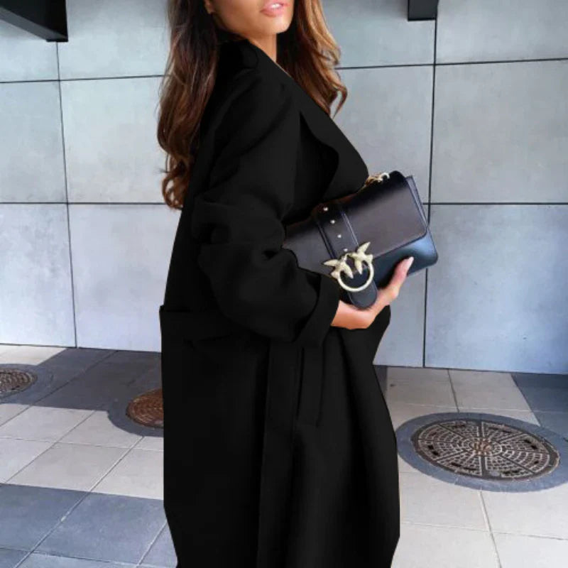 Solid Color Lapel Long-sleeved Tie Woolen Autumn Winter European American Coats - Fashionpara