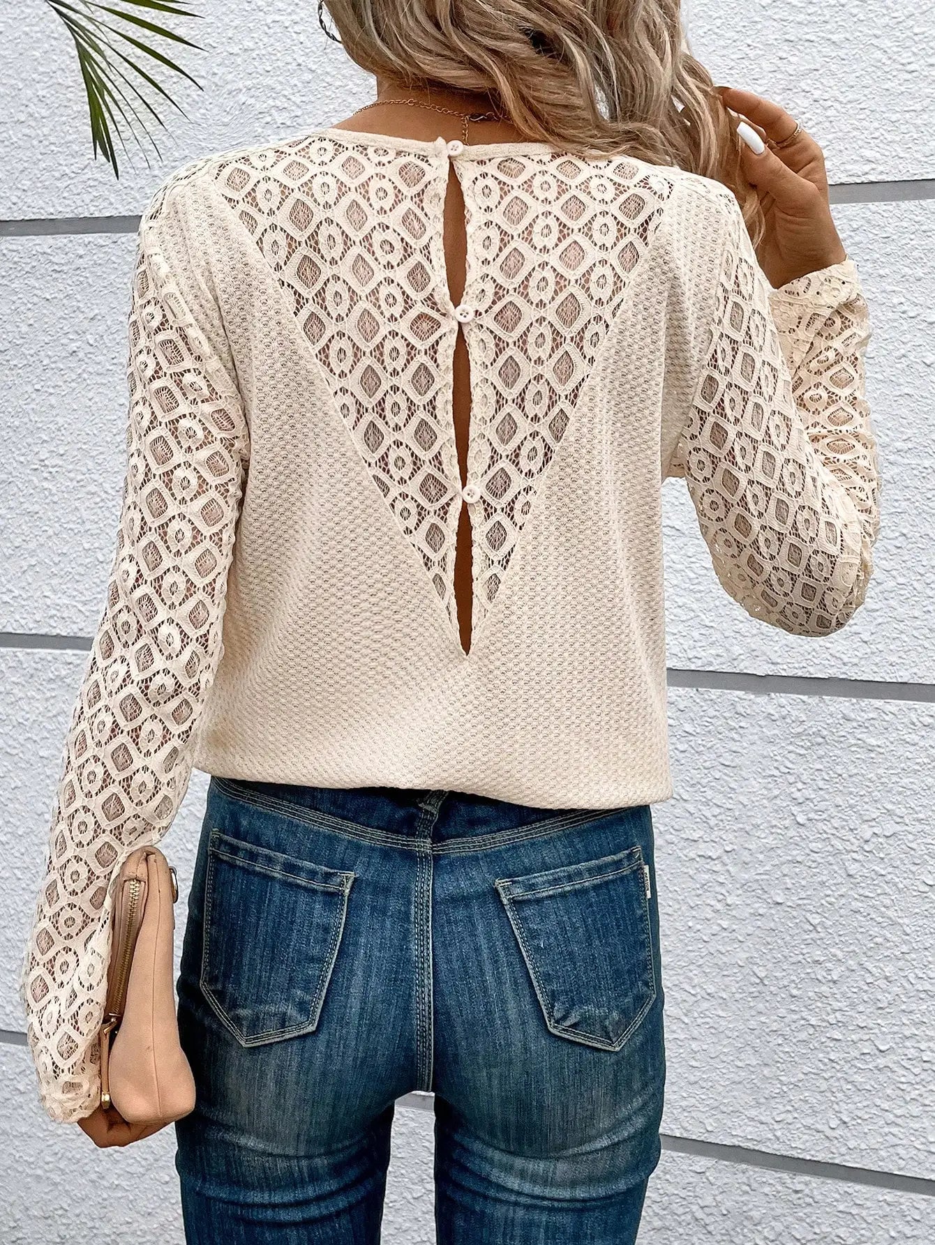 Lace Stitching Solid Color Casual Round Neck Long Sleeve T-shirt Women