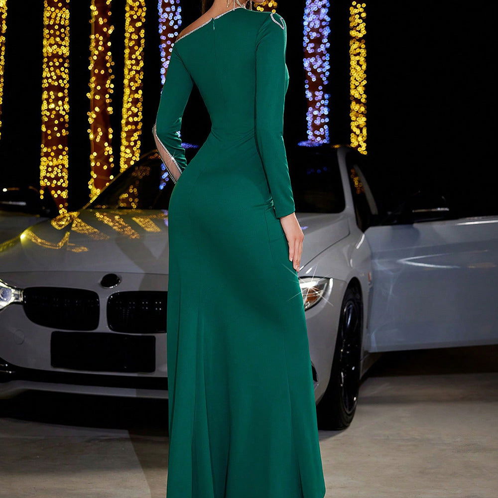 Sequin Round Neck Flare Cape Sleeve Sheath Maxi Evening Gown - View 3