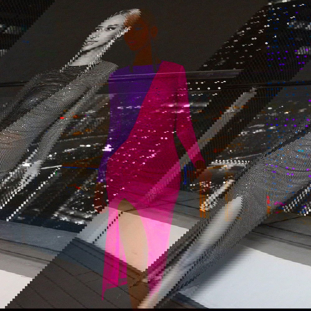 Sequin Stitching Long Sleeve Split Party Nightclub Dress - Fashionpara