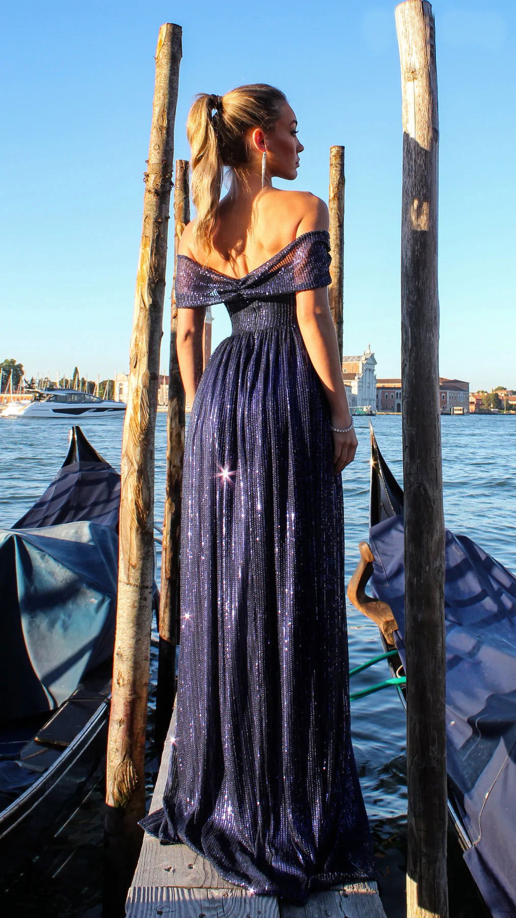 Sequin Off Shoulder Sweetheart Ruched Bodice High Split Maxi Gown - View 2
