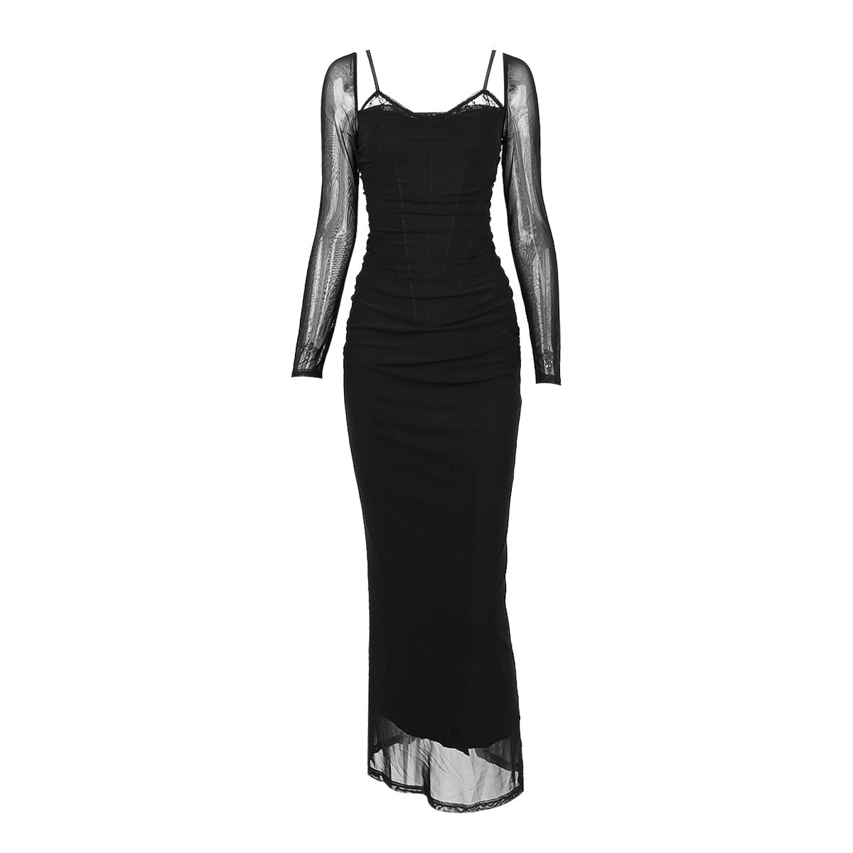 Mesh Long Sleeve Ruched Bodycon Maxi Dress - View 5