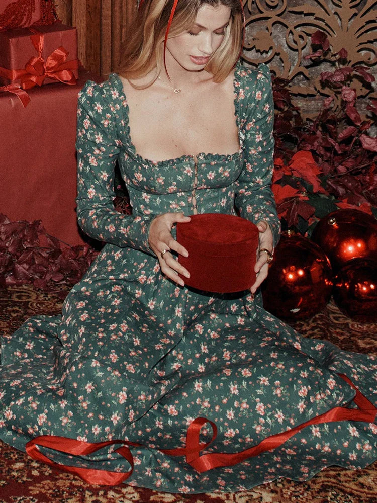 Floral Printed Backless Square Neck Midi Floral Dress