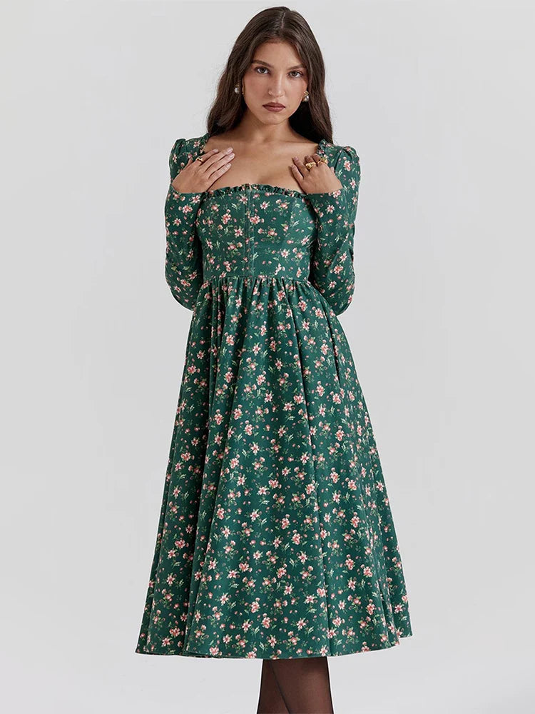 Floral Printed Backless Square Neck Midi Floral Dress