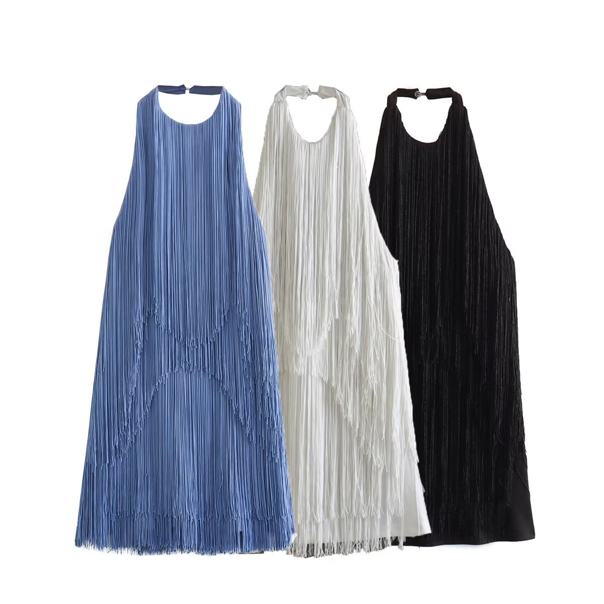Fringe Halter Neck Sleeveless Tiered Mini Dress