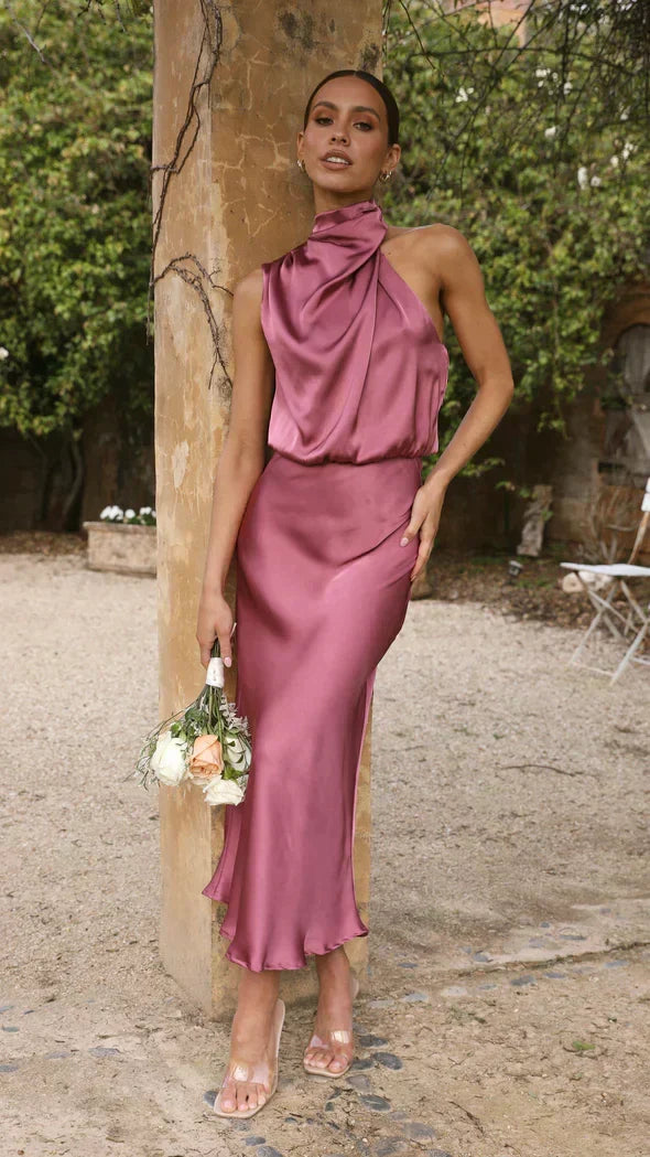 Satin Halter Neck Sleeveless Zip Back Bodycon Midi Dress - View 10