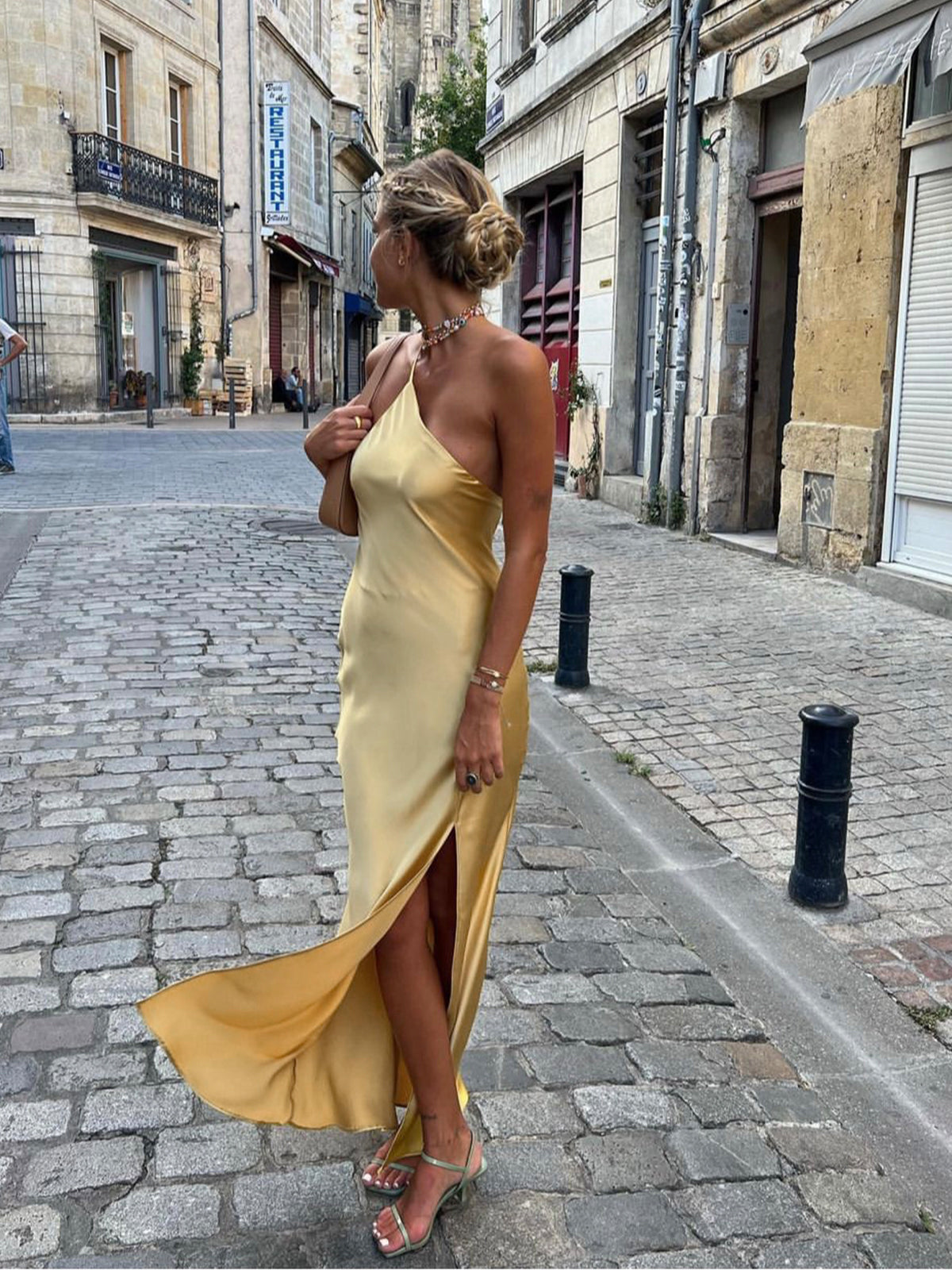 Satin Spaghetti Strap Cross Back Open Back Slip Maxi Dress - View 8