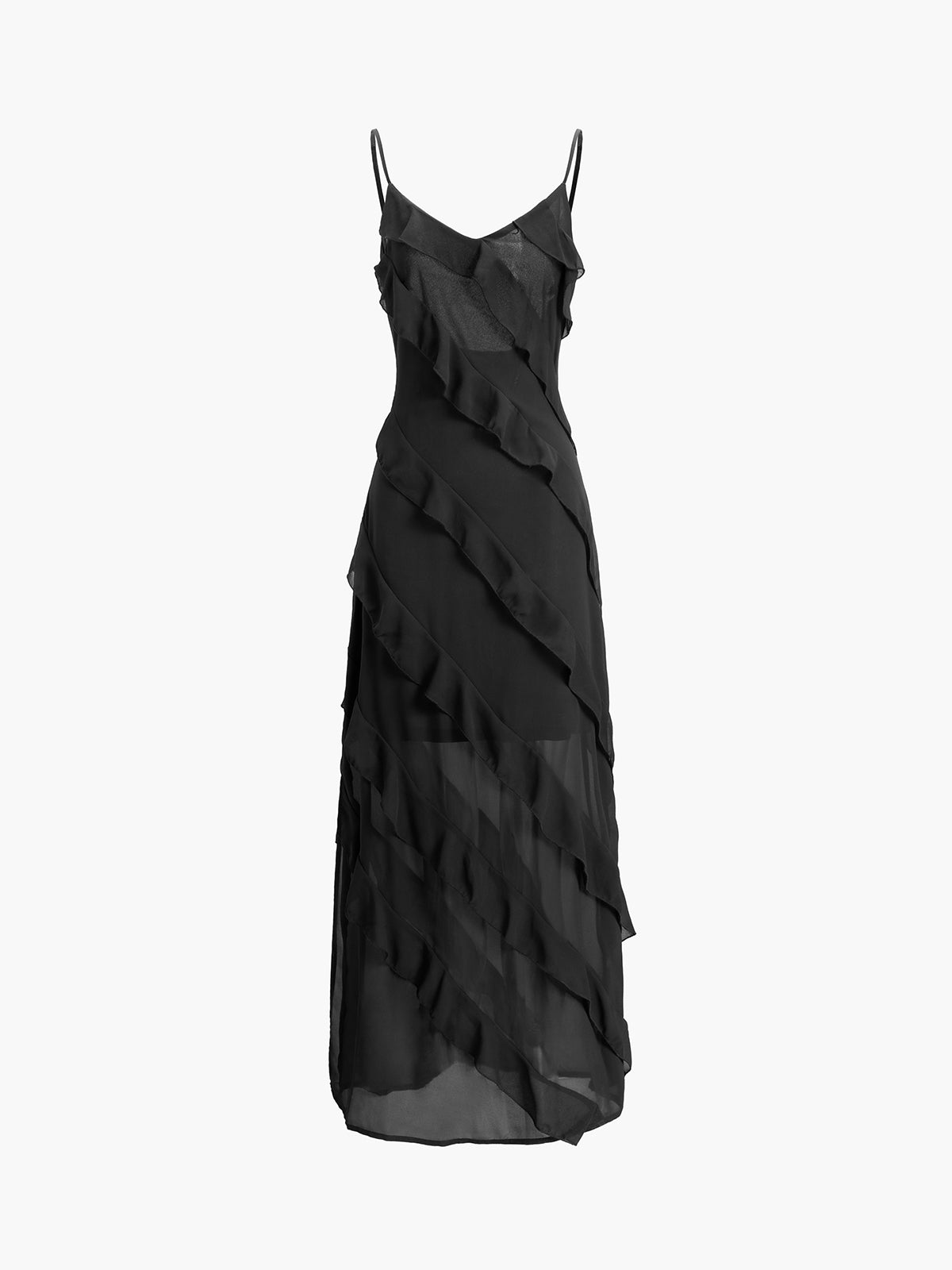 Spaghetti Strap Deep V-Neck Diagonal Tiered Ruffle Maxi Gown - View 13