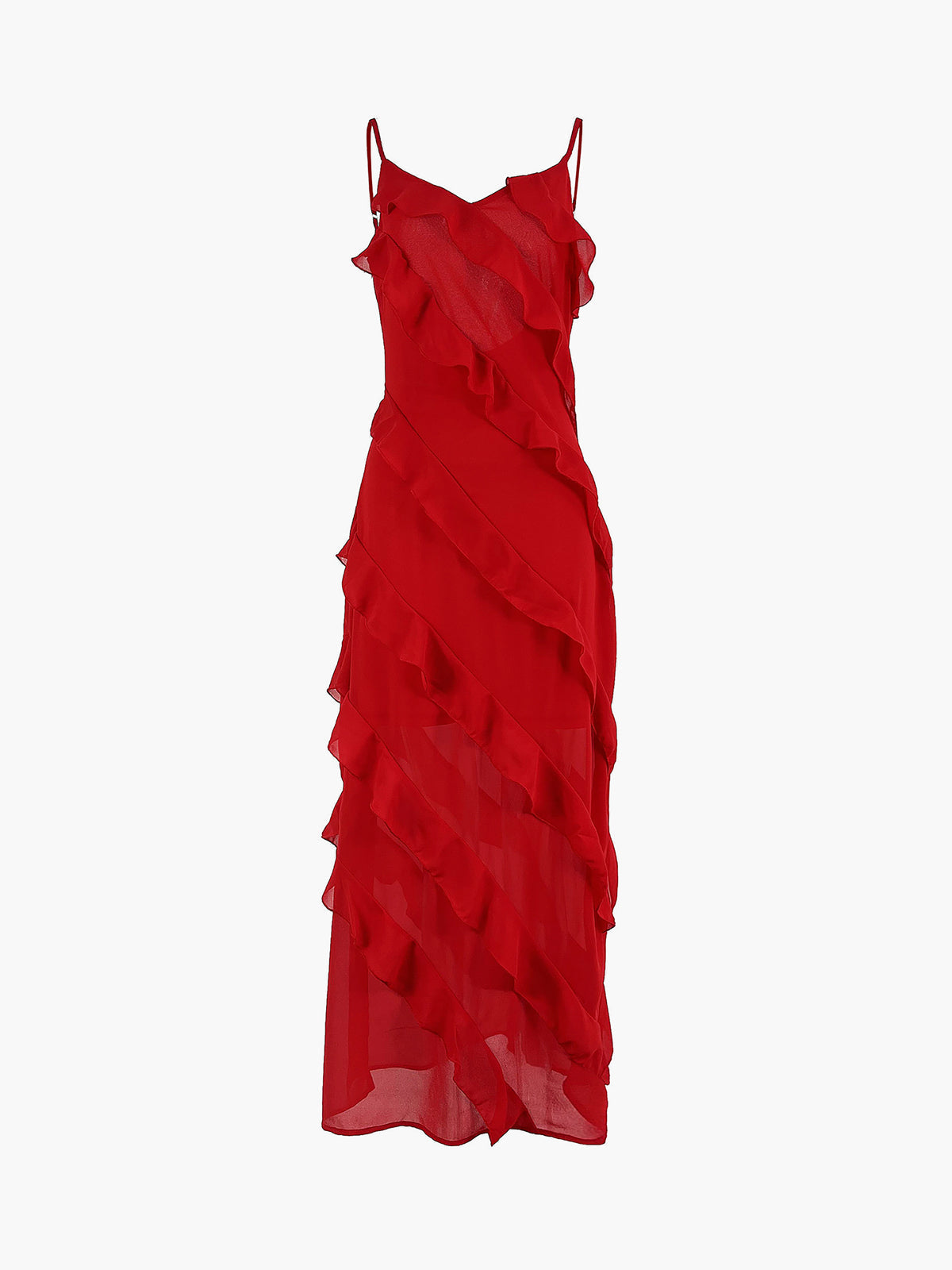 Spaghetti Strap Deep V-Neck Diagonal Tiered Ruffle Maxi Gown - View 2