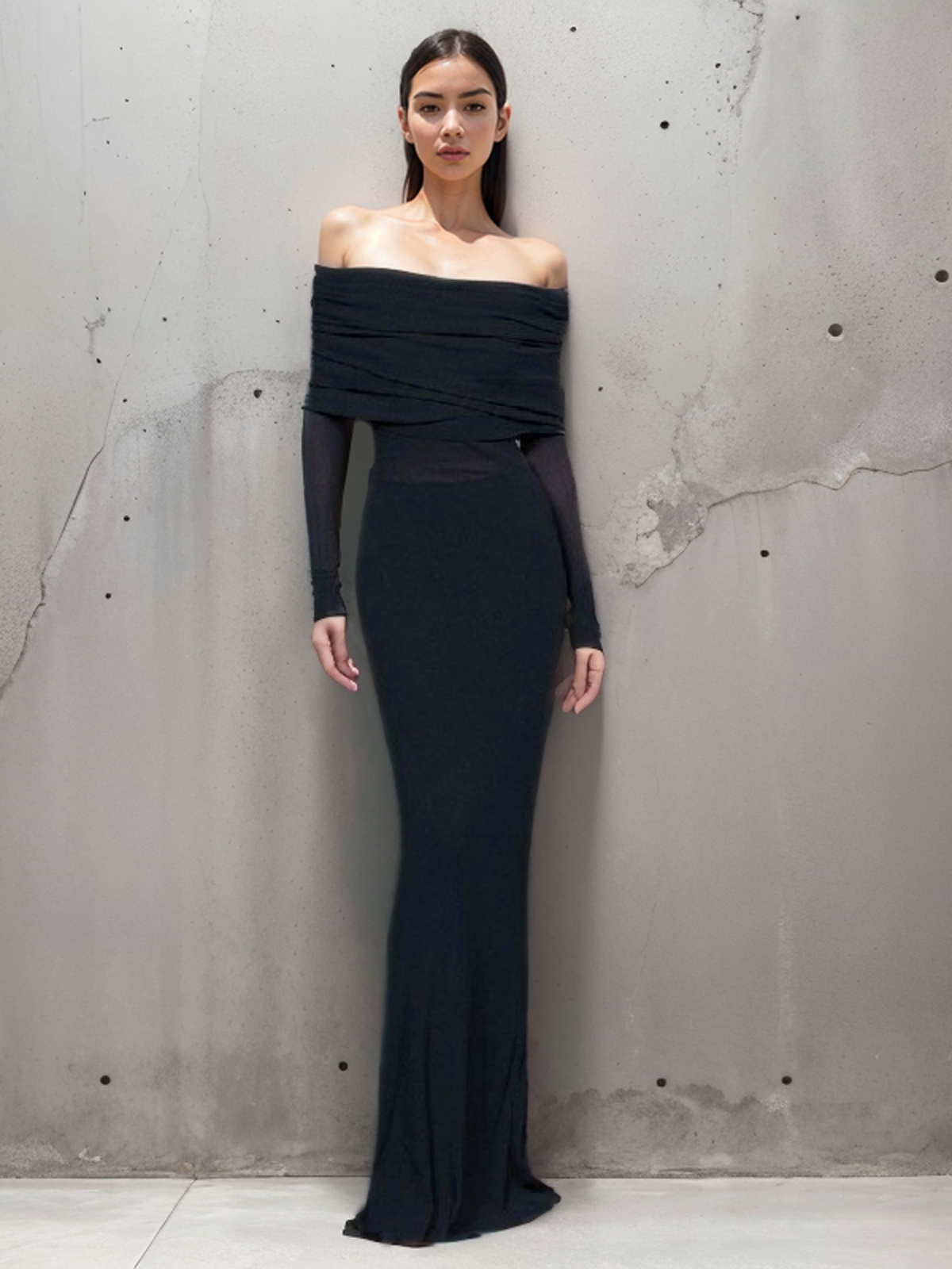 Abriella Off Shoulder Overfold Mesh Maxi Dress - View 3