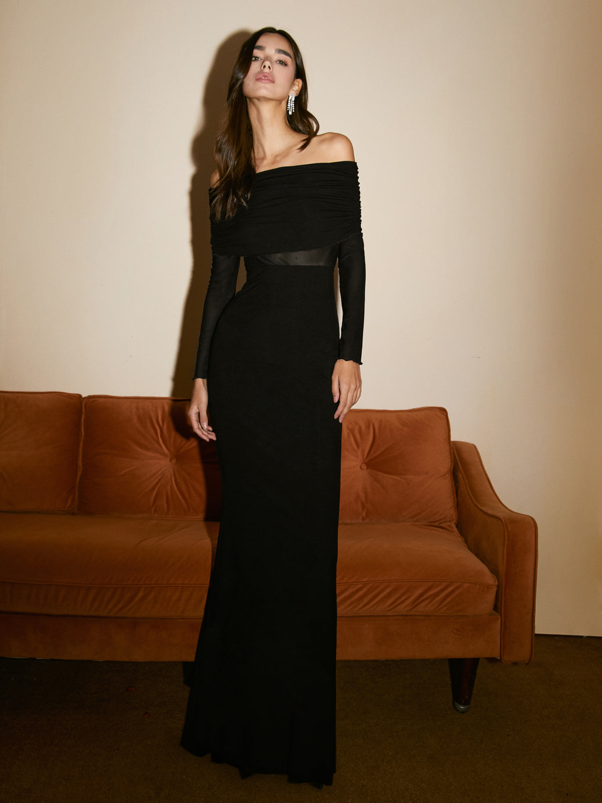 Abriella Off Shoulder Overfold Mesh Maxi Dress