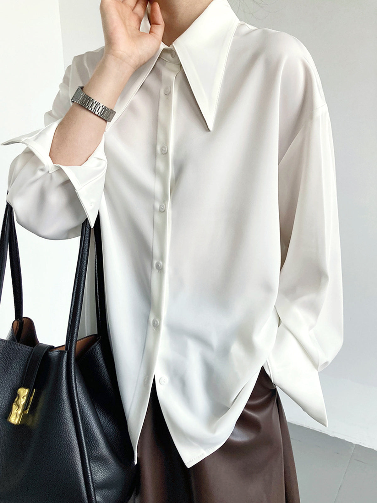 Button Down Long Trendy Sleeve Collar Shirt White / S Shirts