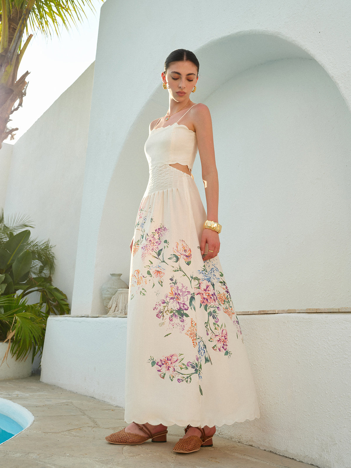 Floral Print Lace Up Back Sleeveless A-Line Midi Dress