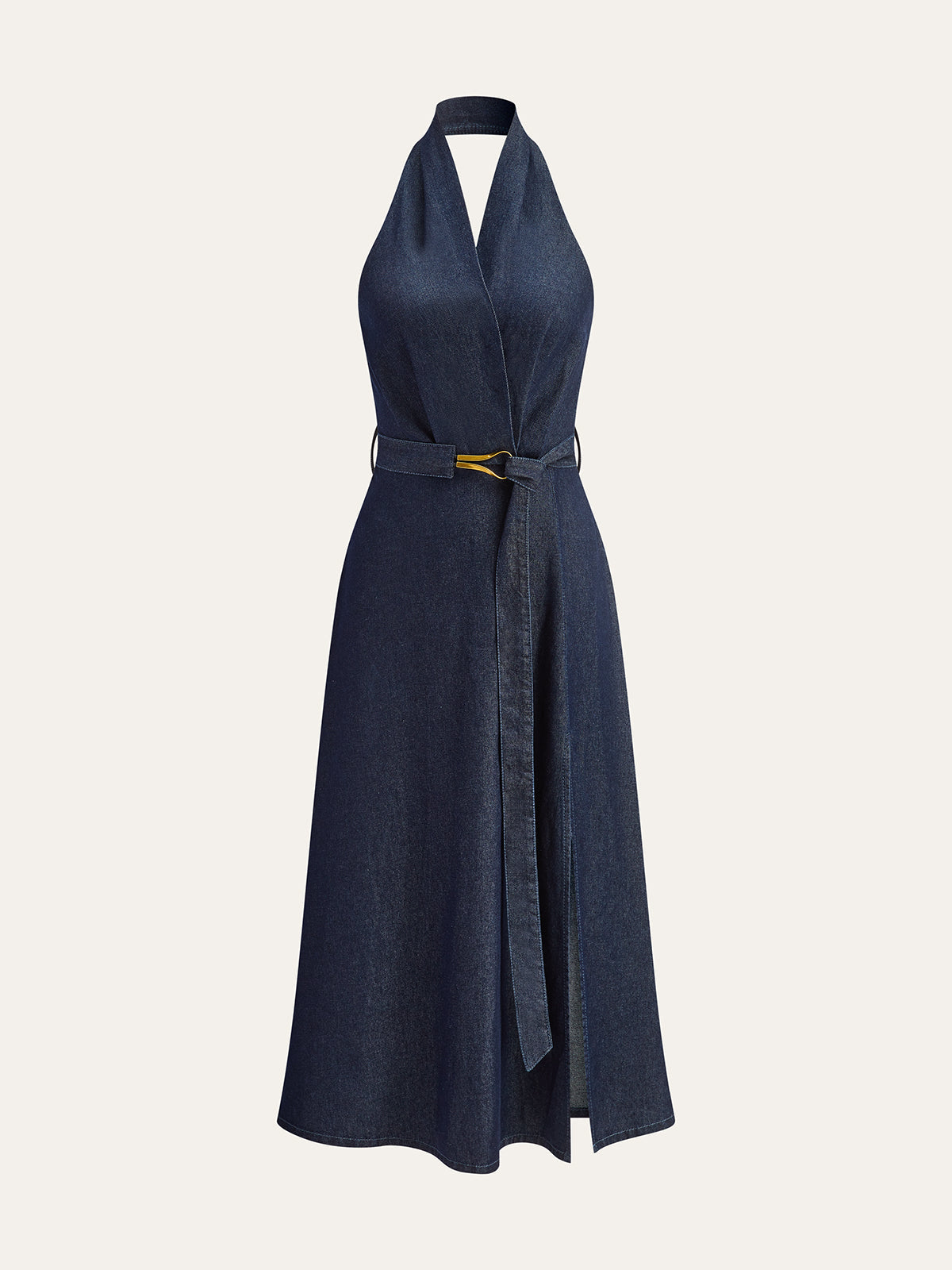 Satin Halter Neck Wrap Belted A-Line Midi Dress
