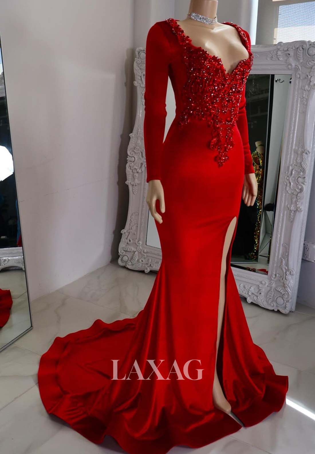 Sweetheart Long-Sleeves Beaded Slit Satin Mermaid Prom Dress for Black Girl Slay