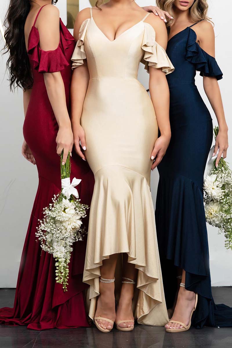B4235 - V-Neck Off-Shoulder Sleeeveless Ruched Satin Mermaid Bridesmaid Dress