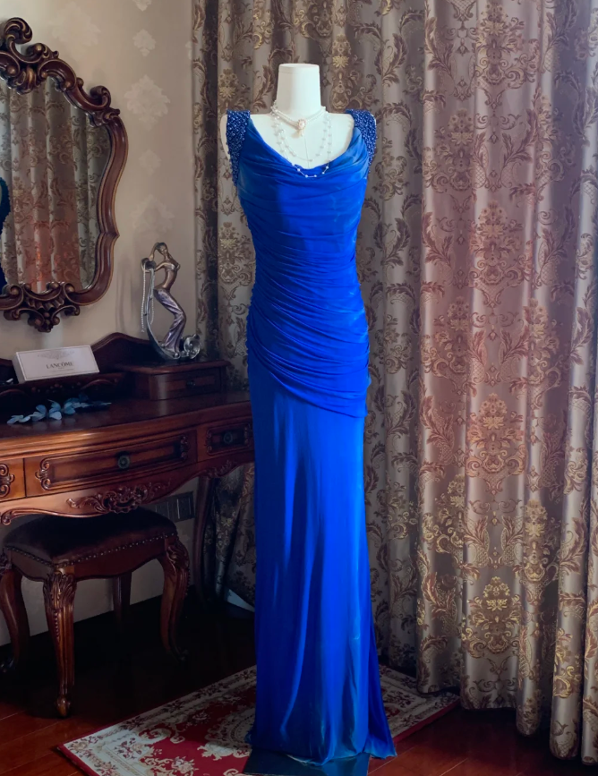 Sexy Royal Blue Tulle Pleated Beaded Mermaid Long Wedding Guest Dress Evening Dress D1716
