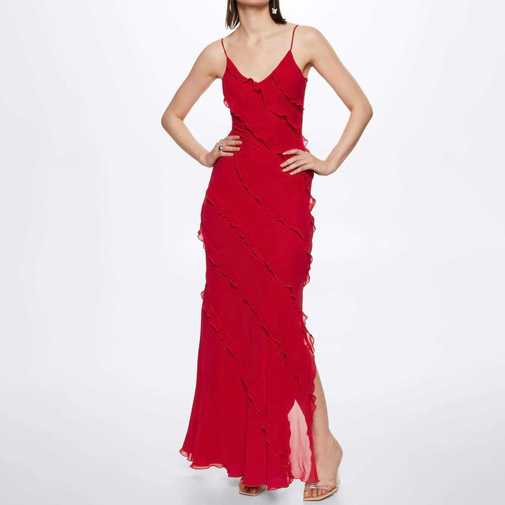 Spaghetti Strap Deep V-Neck Diagonal Tiered Ruffle Maxi Gown - View 3