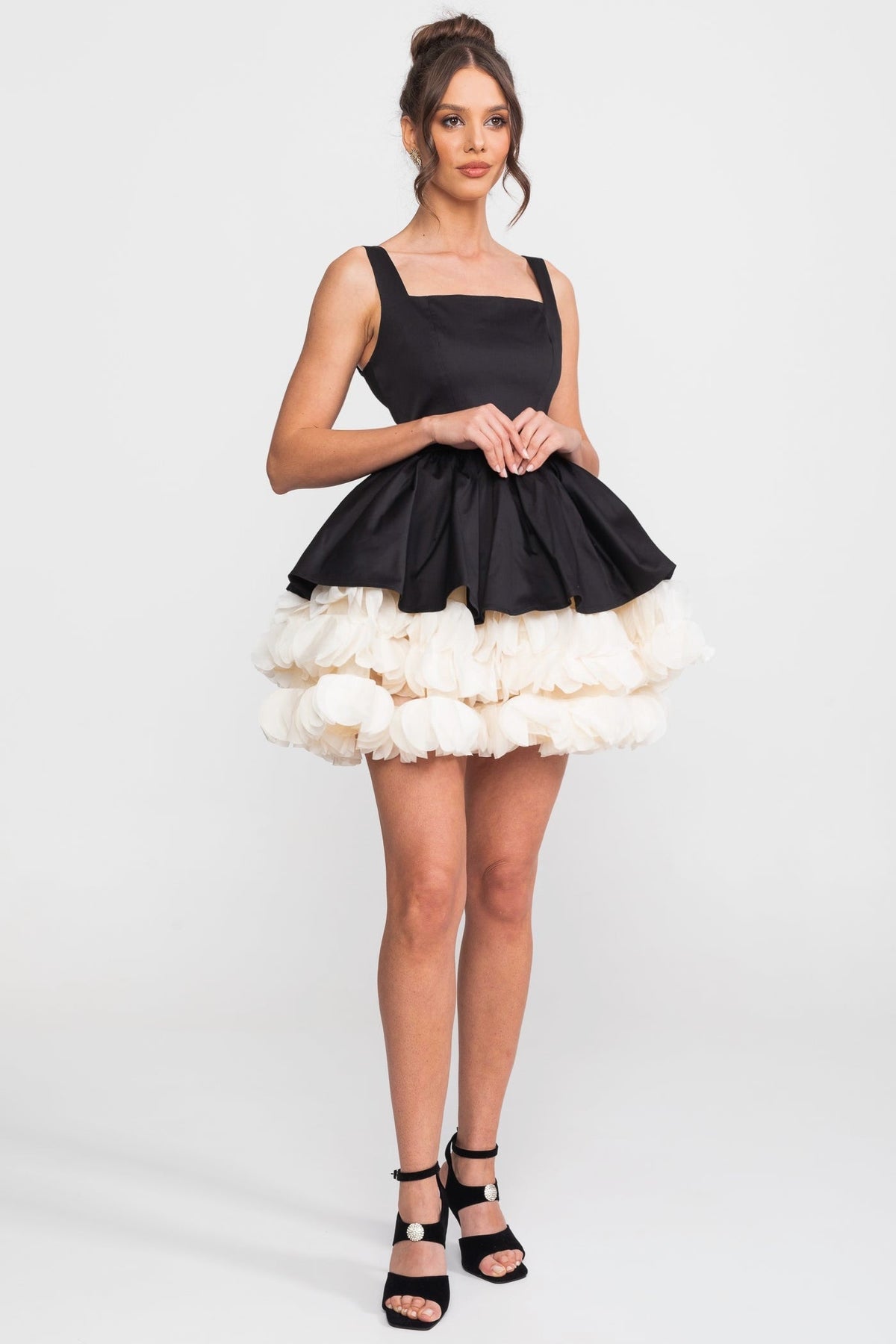 Strapless Mini Dress With Square Neckline And Ruffled Skirt Underlay - Black - View 2