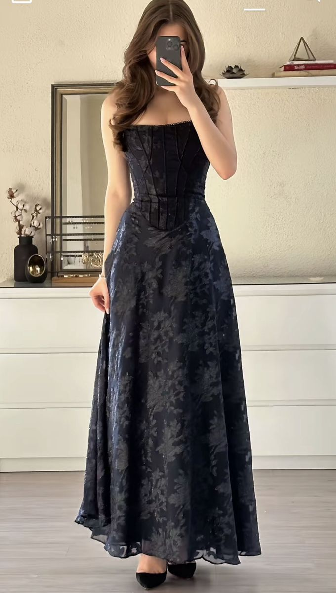 Pretty Spaghetti Straps Black Lace Print Floral A Line Party Dress Long Wedding Guest Dress D1591