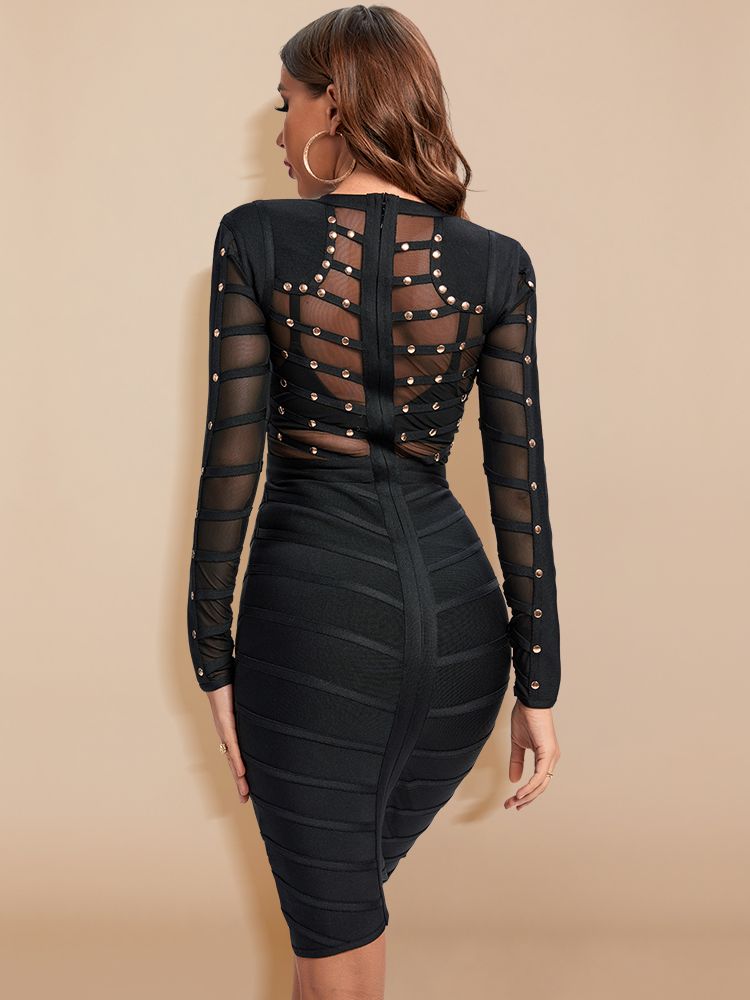 Studded Sheer Mesh Crew Neck Long Sleeve Bodycon Dress 2