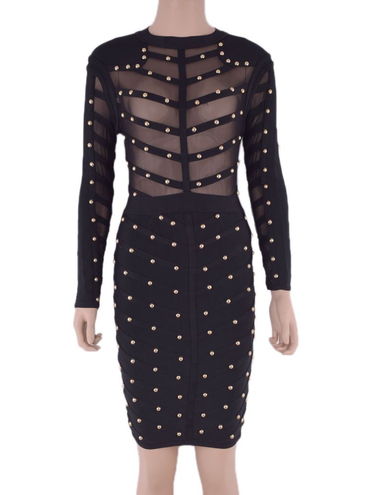 Studded Sheer Mesh Crew Neck Long Sleeve Bodycon Dress 4
