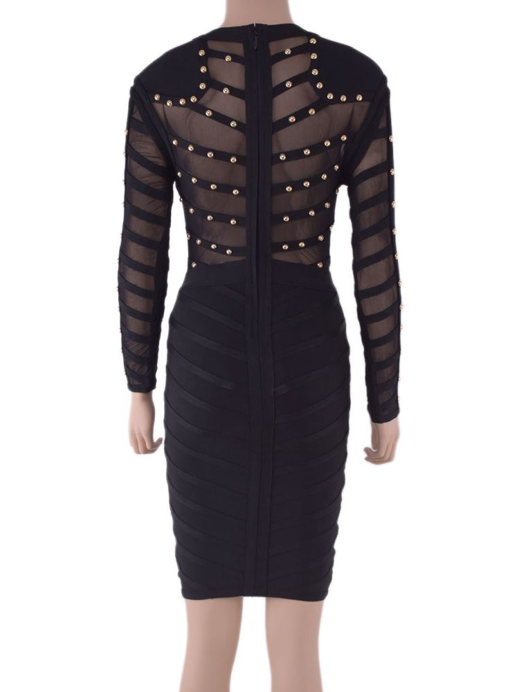 Studded Sheer Mesh Crew Neck Long Sleeve Bodycon Dress 5