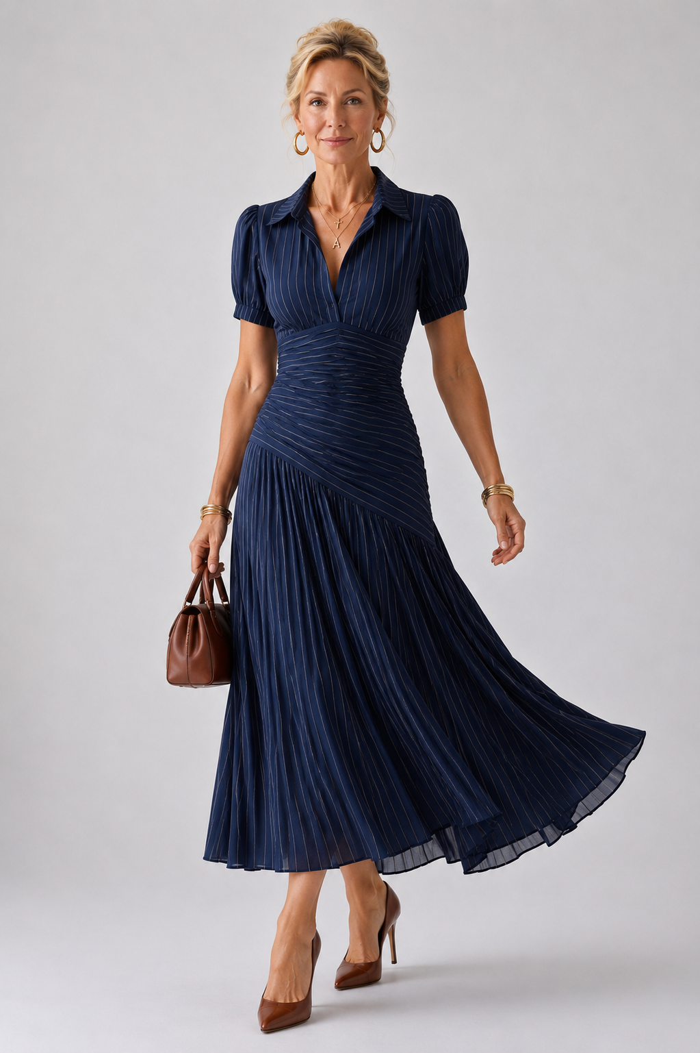 Striped Collared Puff Sleeve Pleated Midi Dress