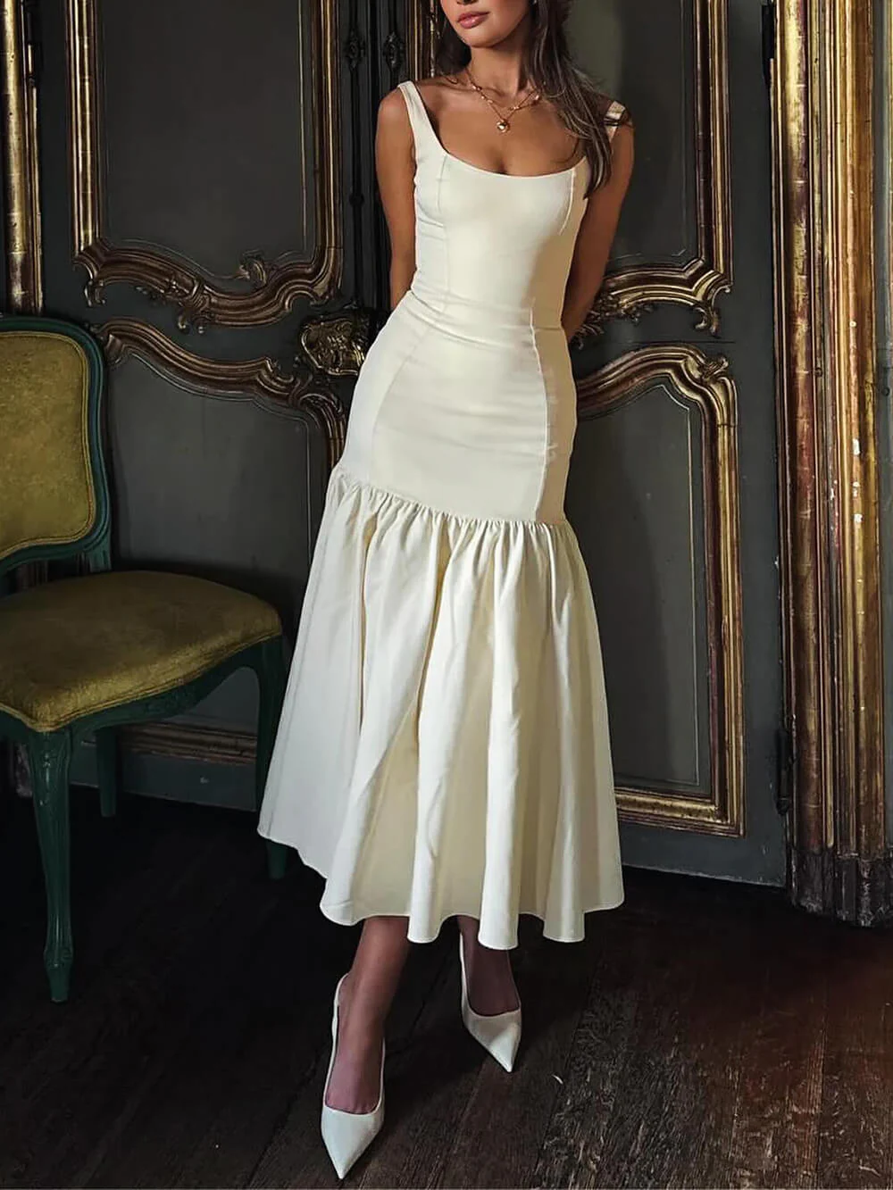 Vintage Mermaid Square Neckline White Ruffles Long Prom Dress Formal Dresses