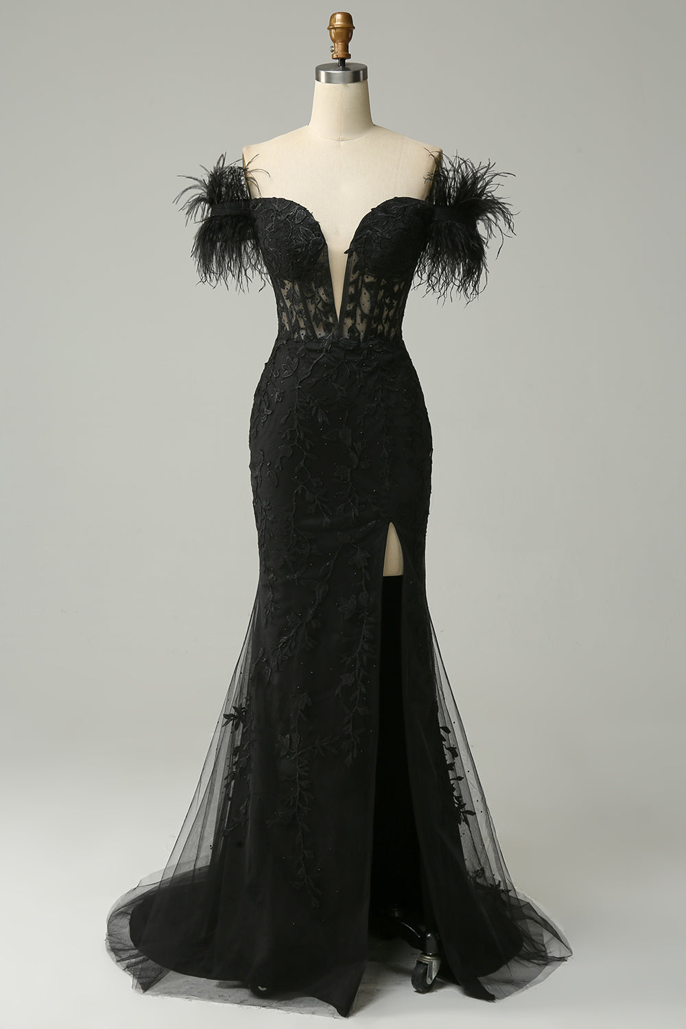 Off the Shoulder Black Long Mermaid Prom Dress with Feathers