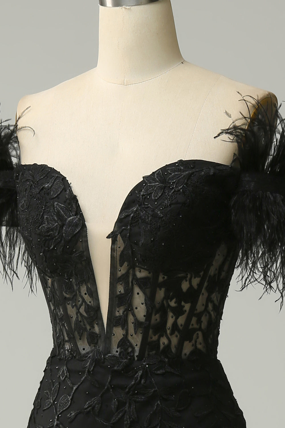 Off the Shoulder Black Long Mermaid Prom Dress with Feathers