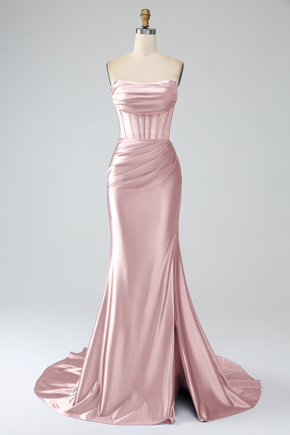 Blush Pink Prom Dress Mermaid Strapless Pleated Corset Long Party Dress with Slit
