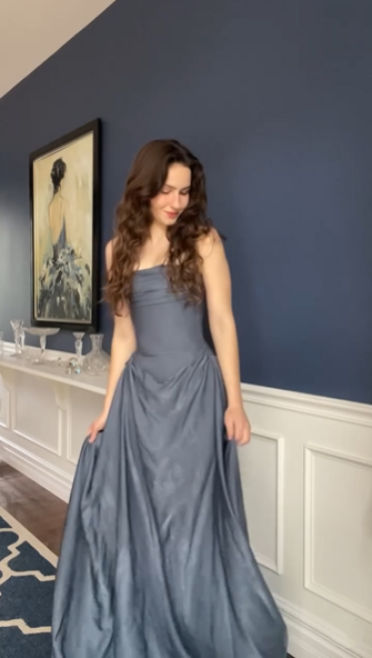 Classy Gray Satin Pleated Mermaid Party Dress Long Wedding Guest Dress D1301