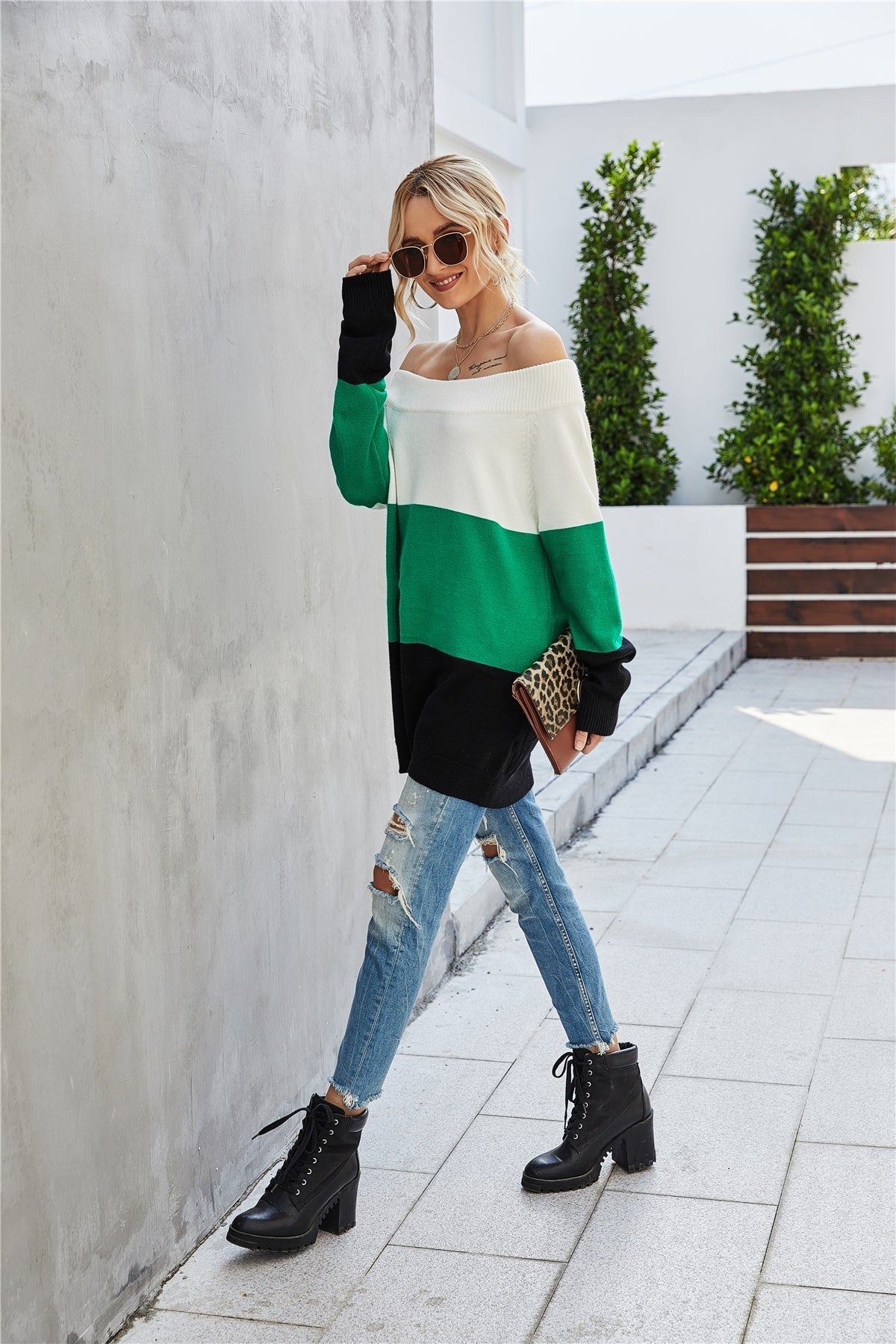 RadyRin Off The Shoulder Color Block Sweater for Style