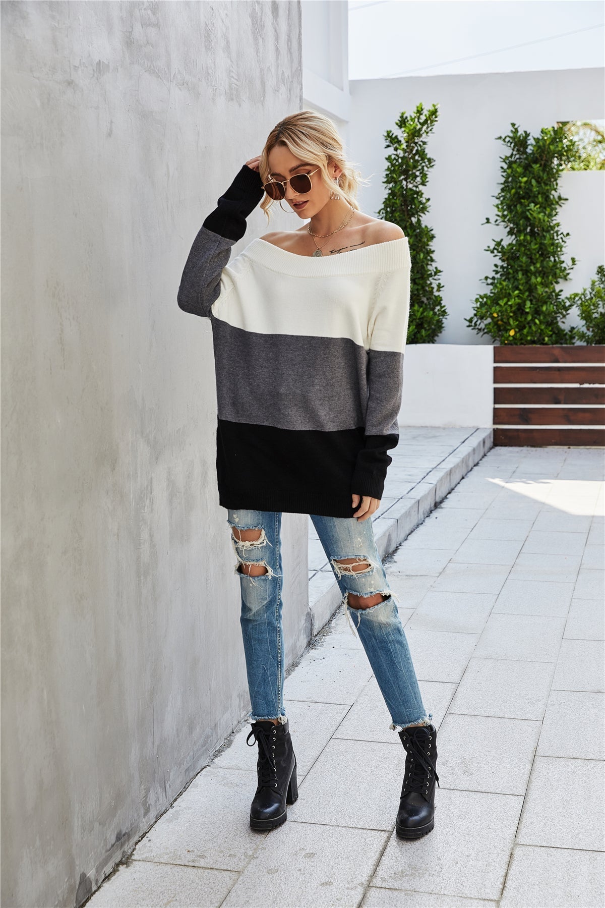RadyRin Off The Shoulder Color Block Sweater for Style