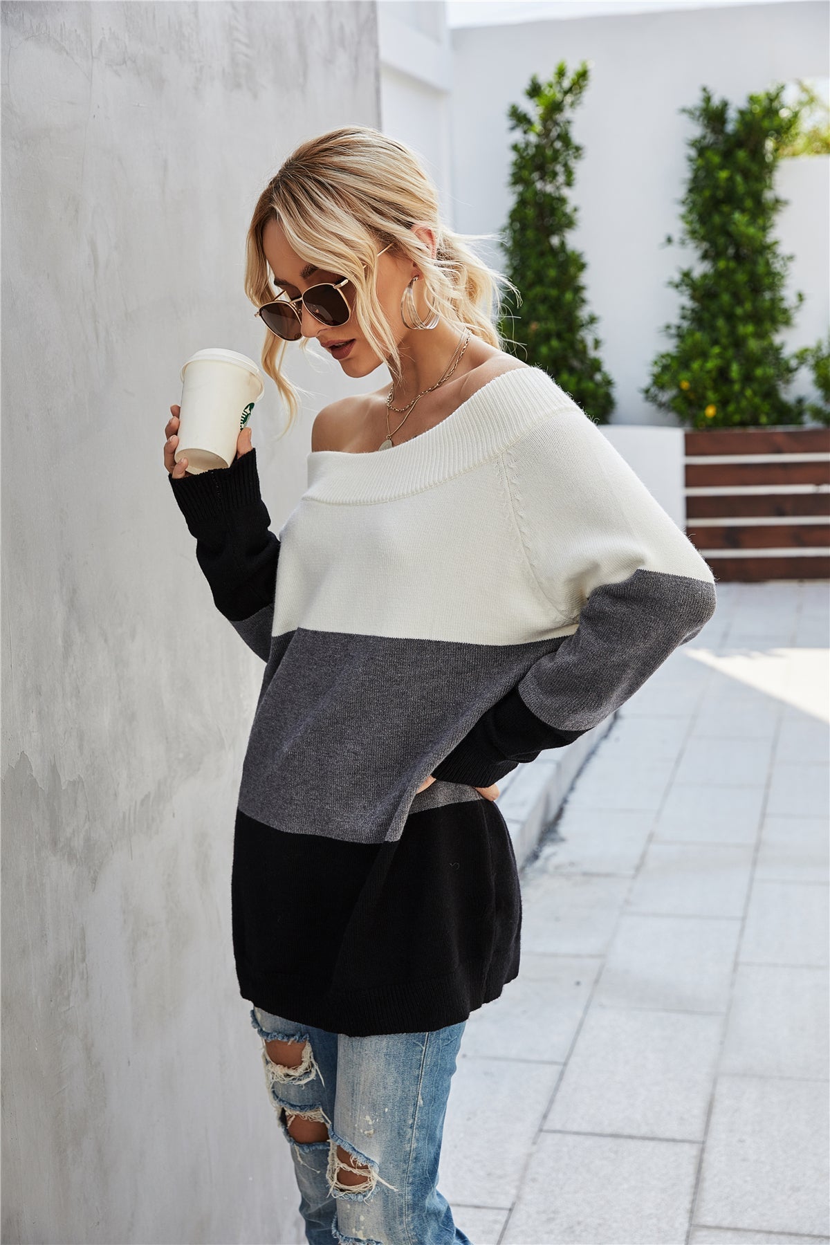 RadyRin Off The Shoulder Color Block Sweater for Style